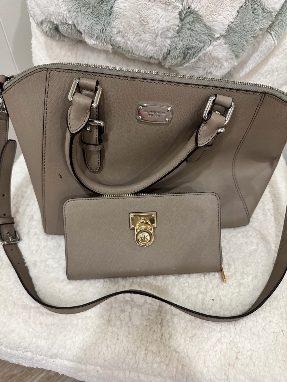 Michael Kors Taupe Saffiano Satchel with Matching Wallet